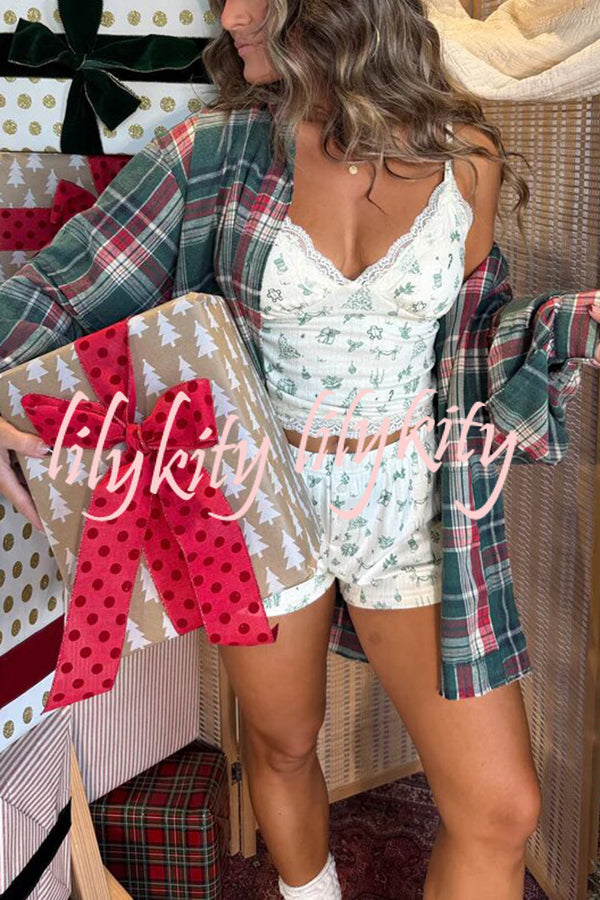 Christmas Morning Plaid Button Down Long Sleeve Pocket Loose Blouse