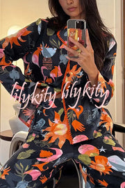 Evening Routine Unique Print Color-block Trim Loose Shirt and Elastic Waist Pocketed Pajama Set