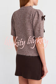 Jensin Knit Satin Bow Detail Short Sleeve Crop Sweater