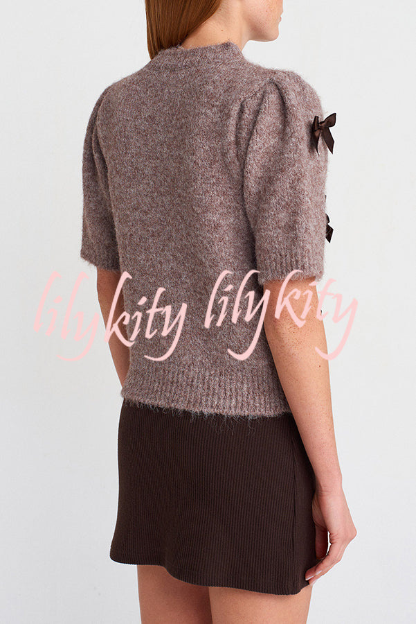 Jensin Knit Satin Bow Detail Short Sleeve Crop Sweater