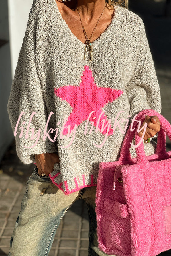 Warm Winter Day Texture Knit Star Pattern Contrast Color Loose Sweater