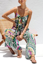 Unique Printed Suspender Back Pleated Pocket Wide-leg Jumpsuit