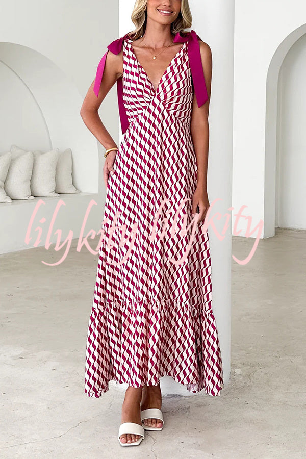 Unique Printed V-neck Sleeveless Lace-up Waist Maxi Dress