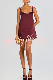 Taste Red Wine Satin Gemstone Trim Round Neck Slip H-line Mini Dress