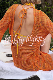 Knitted Dolman Sleeves Cutout Crew Neck Tie Backless Cover Up