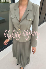 Solid Color Lapel Button Belt Blazer and Pleated Casual Maxi Skirt Set