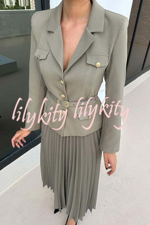 Solid Color Lapel Button Belt Blazer and Pleated Casual Maxi Skirt Set