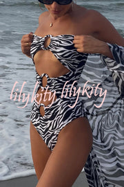 Marsie Zebra-print Ring Cutout Details Off Shoulder Stretch One-Piece Swimsuit