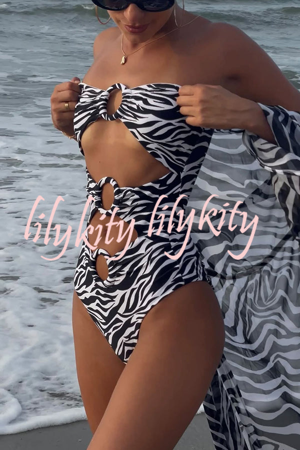Marsie Zebra-print Ring Cutout Details Off Shoulder Stretch One-Piece Swimsuit