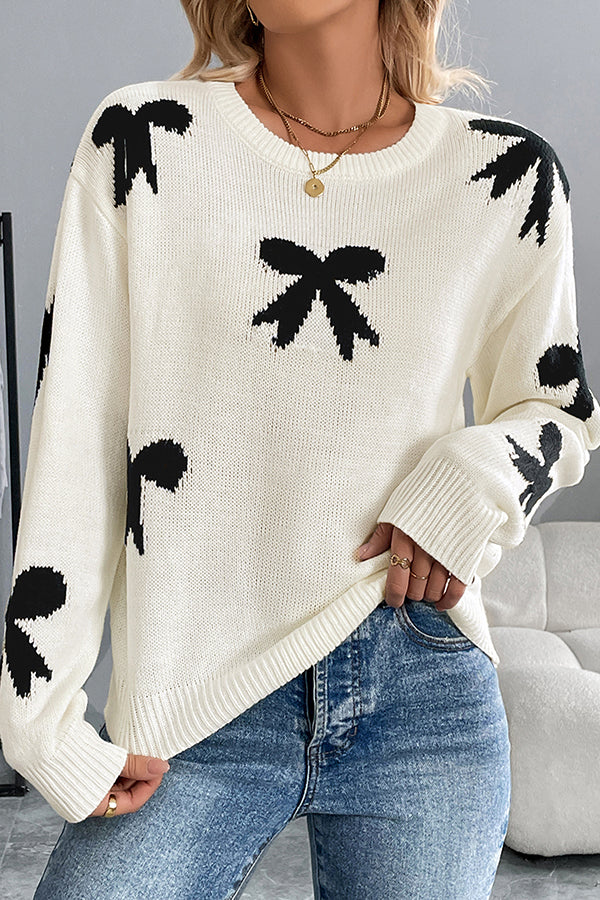 Christmas Contrast Bow Round Neck Long Sleeve Loose Knitted Sweater