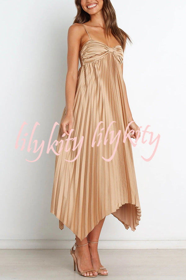 Solid Color Sexy Suspender Pleated Irregular Midi Dress