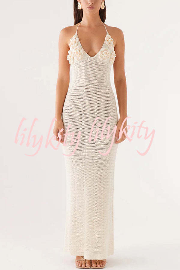 Olivia Crochet Knit Rose Texture Backless Stretch Maxi Dress