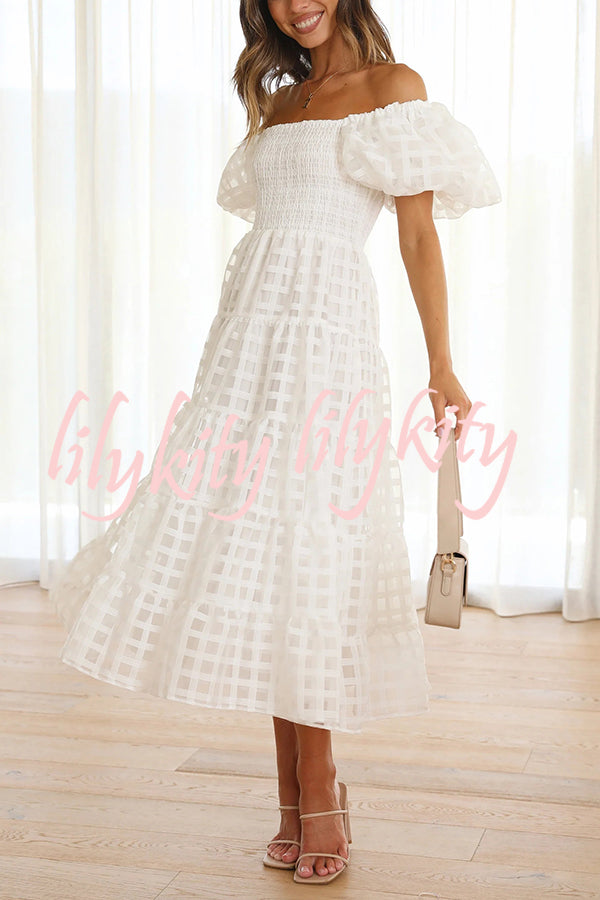 Solid Color Off-shoulder Lantern Sleeve Patchwork Midi Dress