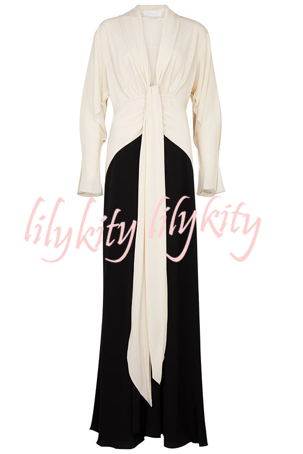 Fashion Contrast Color V-neck Tie High Waist Drape Maxi Dress