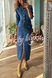 Tessy Denim Metal Button Zipper Shirt Stretch Pencil Slit Midi Dress