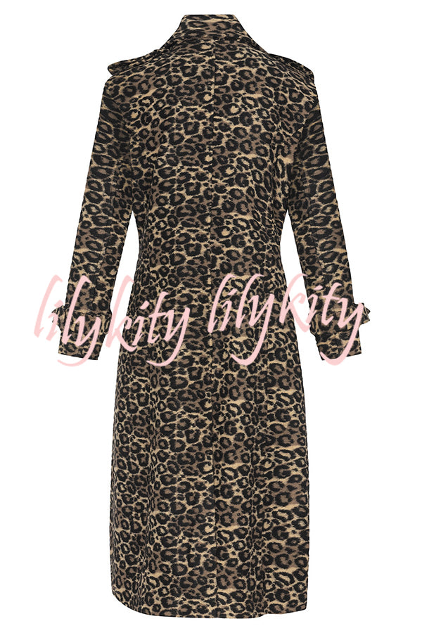 Leopard Affair Animal Print Epaulettes Long Sleeve Pocketed Lapel Midi Trench Coat