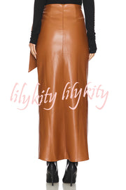 Snappy Casual Slay Faux Leather High Rise Wrap Tie-up Stretch Maxi Skirt