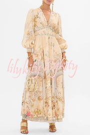 Fairy Tale Print V-Neck Lantern Sleeve Waist Maxi Dress