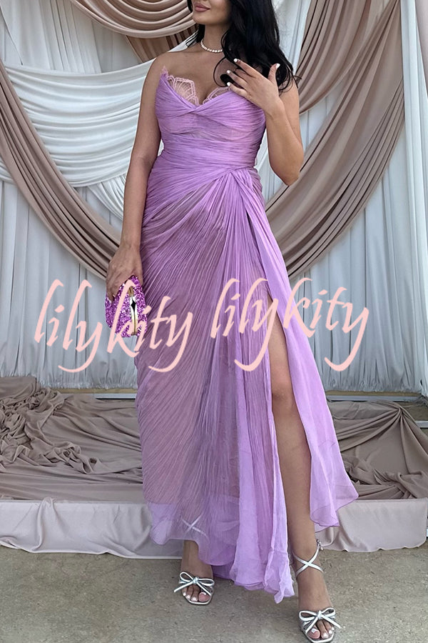 Julie Tulle Lace Trim Off Shoulder Ruched Back Lace-up Drape Slit Maxi Dress