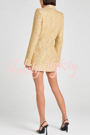 Heels Click Tweed Fabric Pearl Button Long Sleeve Lapel Blazer Mini Dress