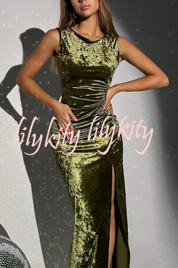 Solid Color Velvet Round Neck Sleeveless Slim Slit Maxi Dress