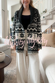 Winter Snowflake Waist Tie Lapel Midi Pocket Knit Cardigan