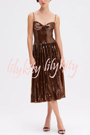 Enchanted Night Sequin Low-cut Corset Balloon Hem Slip Midi Dress