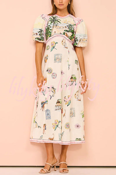 European Summer Sunset Linen Blend Unique Print Puff Sleeve Midi Dress