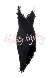 Sexy Lace Paneled Deep V Suspender Slim Midi Dress