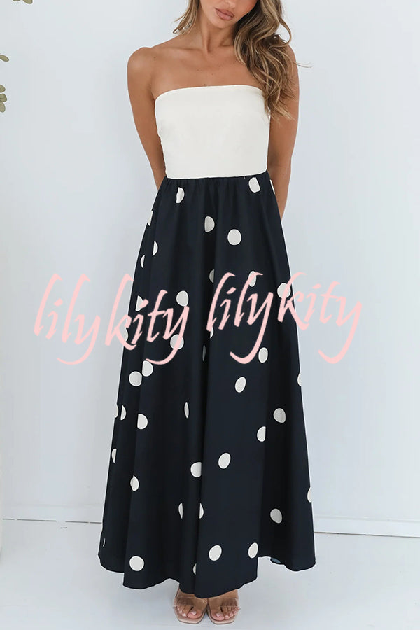 Fashion Polka Dot Print Tube Top Spliced Maxi Dress
