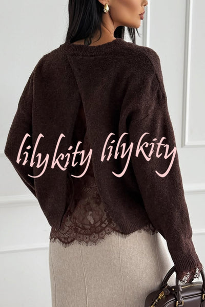 Caitlin Knit Lace Trim Patchwork Long Sleeve Back Slit Relaxed Sweater