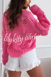 Fashion Hollow Long Sleeve V-neck Button Loose Knitted Cardigan