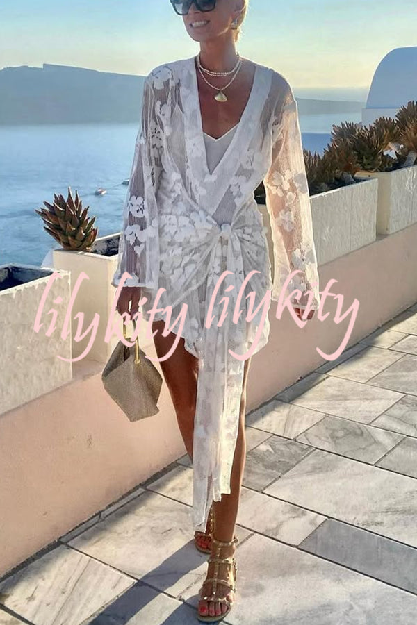 Beach Elegance Floral Lace Long Sleeve Wrap Tie-up Vacation Mini Dress