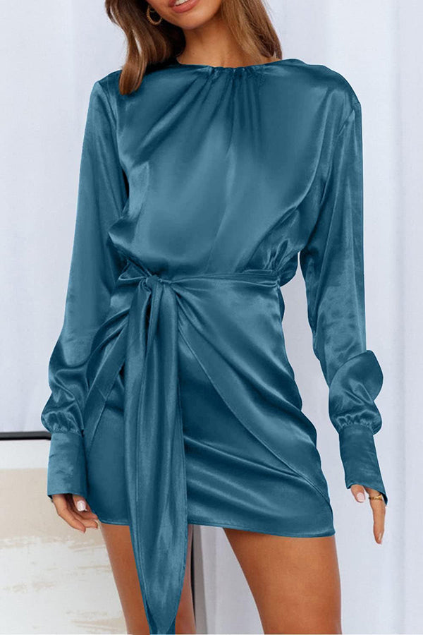 Satin Round Neck Long Sleeve Elastic Tie Mini Dress