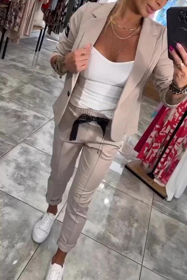 Smart Casual Lapel Blazer and Elastic Waist Tie Pocket Pants Set