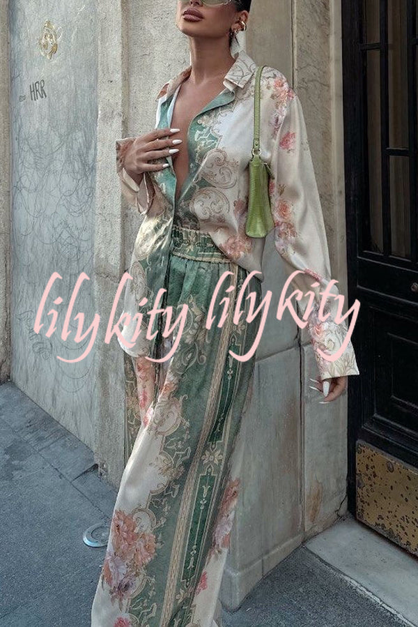 Antibes Satin Court Unique Printed Long Sleeve Loose Shirt and Elastic Waist Pants Set