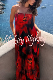For Every Occasion Satin Pleated Floral Print V-wire Bandeau Neck Maxi Dress