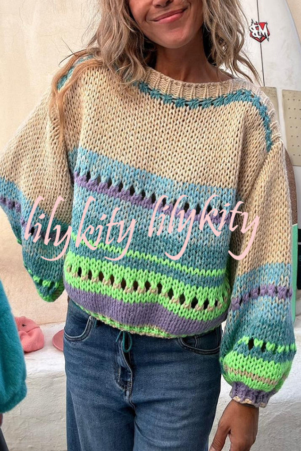 Rainbow Mood Multicolor Round Neck Hollow Long Sleeve Knitted Sweater