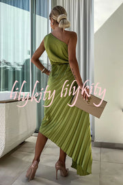 Romantic Nights Satin Raised Flower Elastic Cutout One Shoulder Pleated Maxi Dress