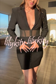 Exclusive Party Stretch Mesh Patchwork Long Sleeve Blazer Mini Dress