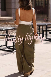 Great Week Pleated Elastic Waist Zipper Pocket Wide Leg Cargo Pants