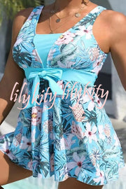 Cheerful Floral Print Bow Detail Tankini Swimsuit Set