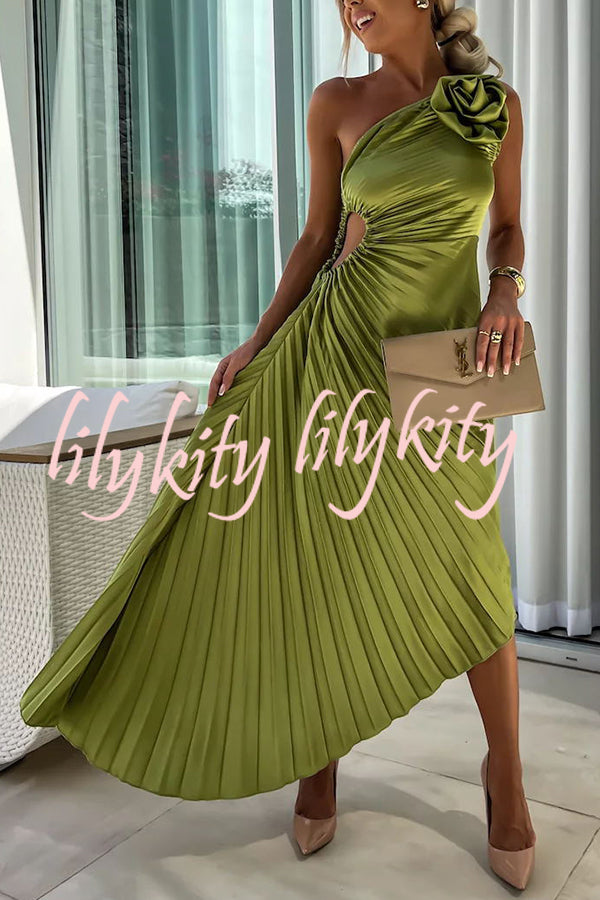 Romantic Nights Satin Raised Flower Elastic Cutout One Shoulder Pleated Maxi Dress