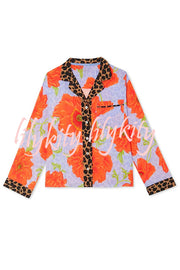 Color-block Poppy Leopard Print Trim Loose Shirt and Elastic Waist Pocketed Pajama Set