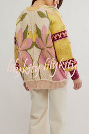 Floral Pattern Loose Long-sleeved Knitted Cardigan