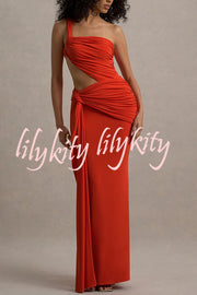 Sexy One-shoulder Backless Ribbon Pleated Slim Maxi Dress