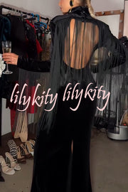 Eve Velvet Open Back Tassel Trim Long Sleeve Slit Maxi Dress