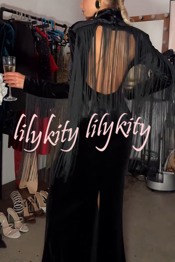 Eve Velvet Open Back Tassel Trim Long Sleeve Slit Maxi Dress