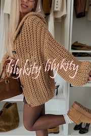 Warm Day Knit Button Up Long Balloon Sleeve Hooded Loose Cardigan
