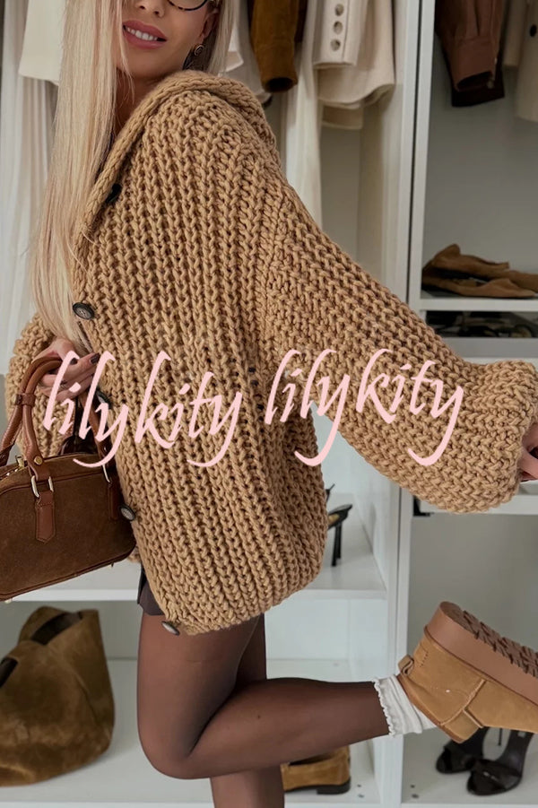 Warm Day Knit Button Up Long Balloon Sleeve Hooded Loose Cardigan